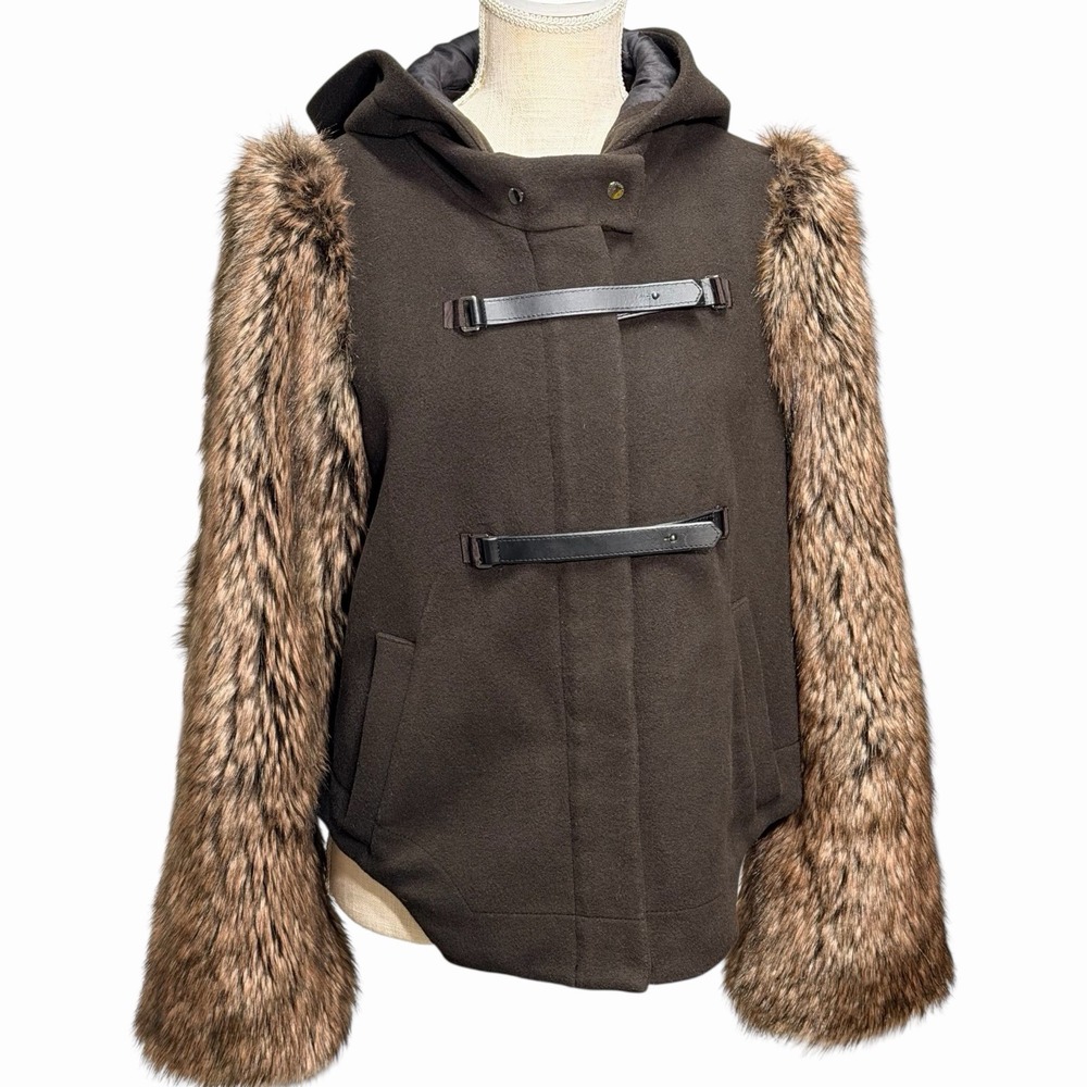 Anthropologie Leifsdottir Hooded Brown Coat Faux Fur Sleeves Jacket Size 10 - Picture 2 of 10